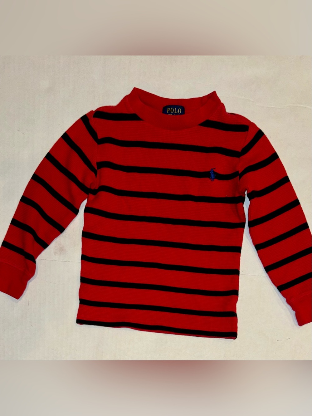 Polo by Ralph Lauren Red & Black Striped Long Sleeve Tee with Blue Polo Pony